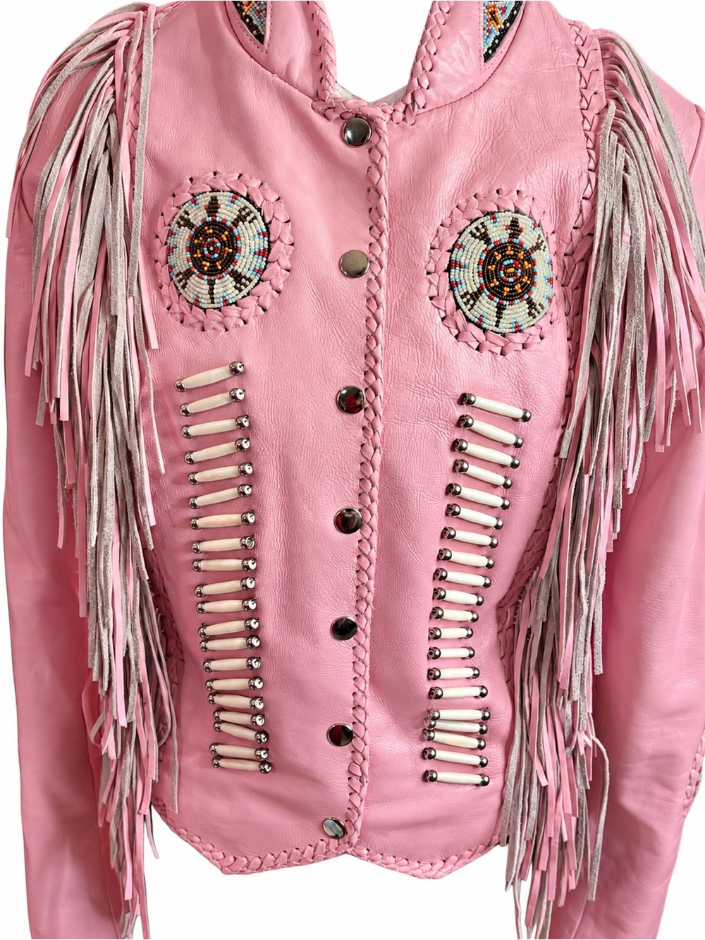 Pink Western Fringe Jacket with Colorful Beadwork
